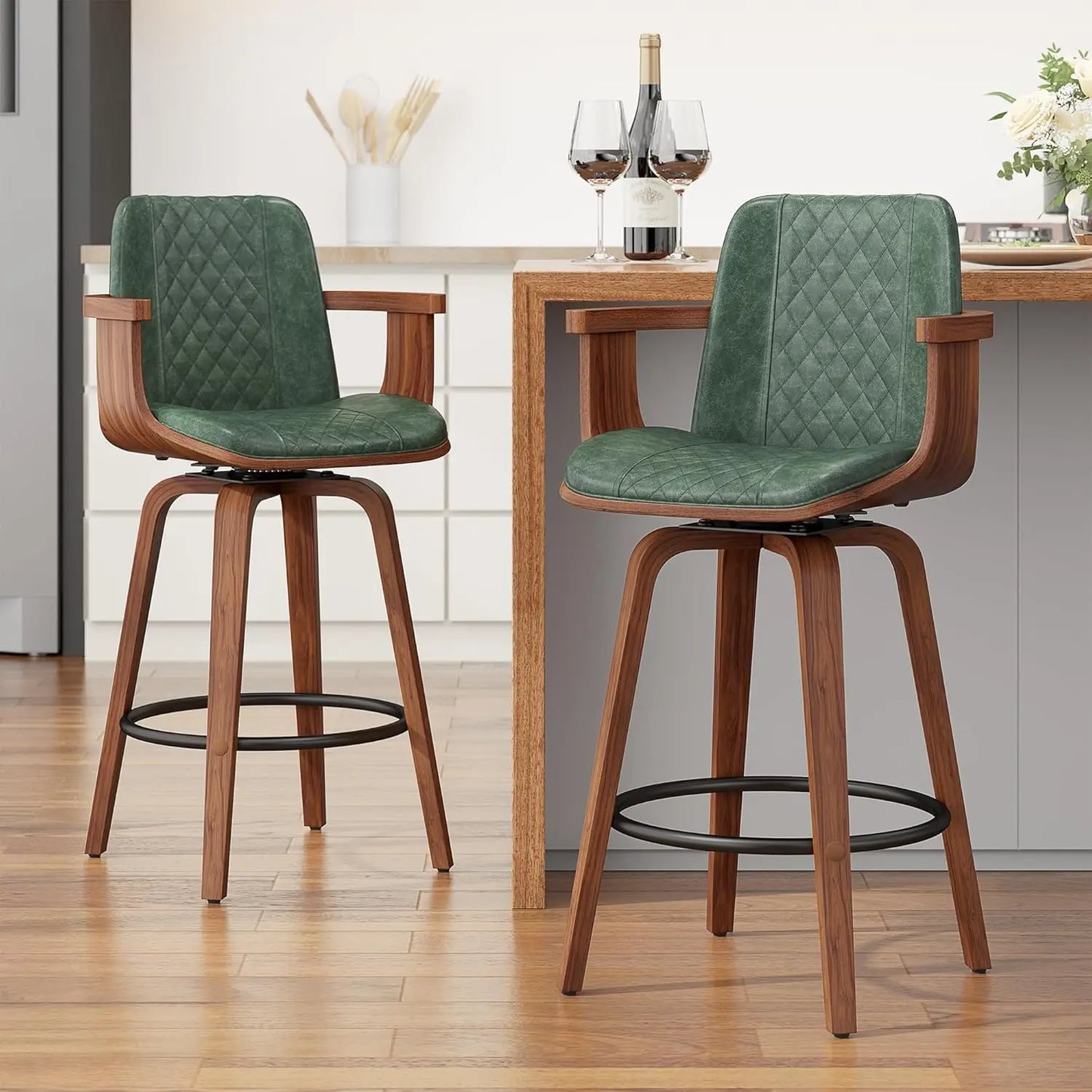 Set of 2, 26 Inch Counter Height Swivel Upholstered PU Leather Bar Stools with Arms