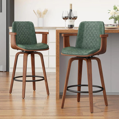 Set of 2, 26 Inch Counter Height Swivel Upholstered PU Leather Bar Stools with Arms