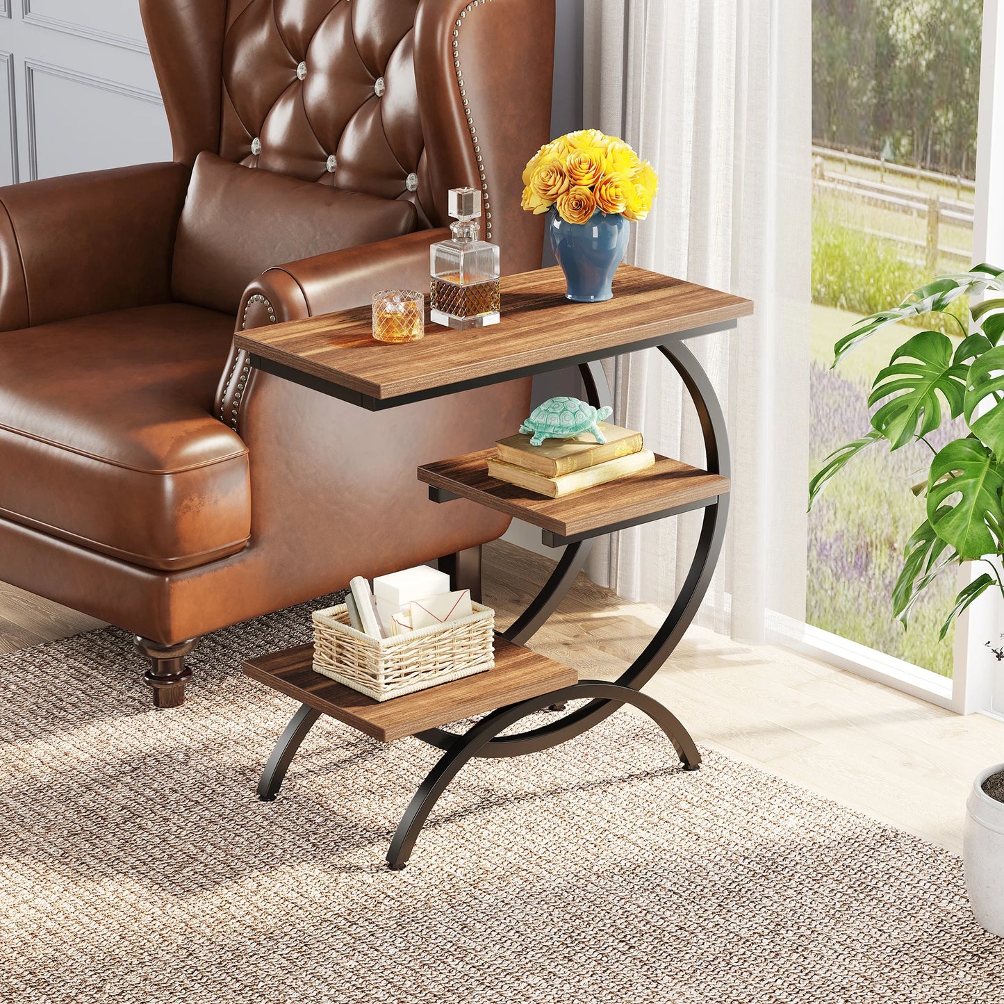 C-Shaped  3-Tier Wood End Table,