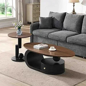 2 Piece Living Room Set, Faux Marble Tabletop, Oval Coffee and End Table Set