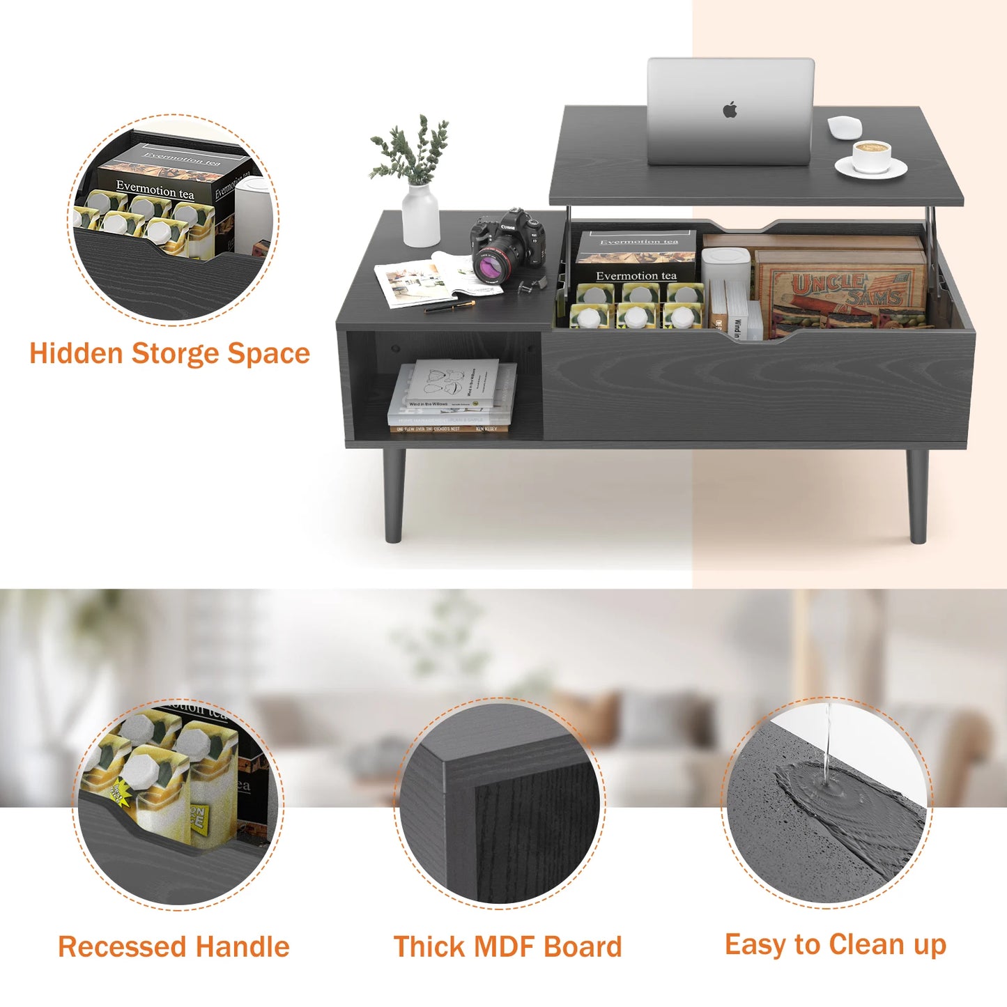 Lift Top Coffee Table, 39.37"x19.7", Adjustable Storage Shelf Easy Lift Or Lower