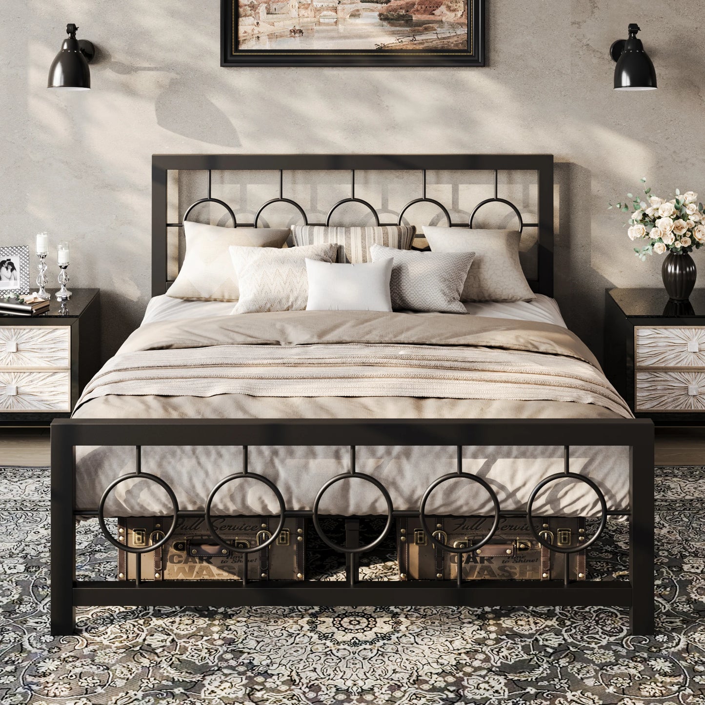 Twin/Full/Queen/King Metal Bed Frame with Vintage Circular Design Headboard and Footboard, Extra Under-Bed Storage