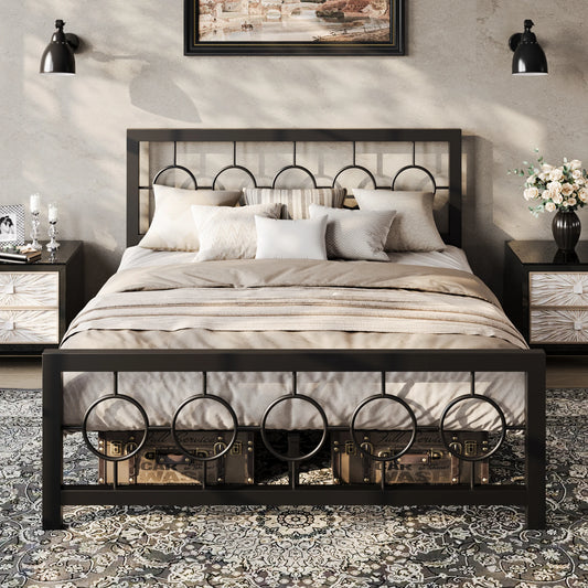 Twin/Full/Queen/King Metal Bed Frame with Vintage Circular Design Headboard and Footboard, Extra Under-Bed Storage