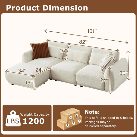L Shaped Modular Sectional Cloud Sofa with Removable Ottoman; Small Living Room Couch