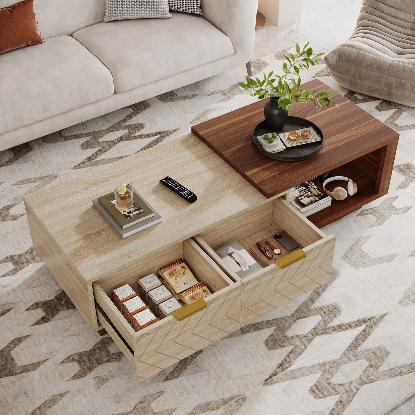 Extendable Coffee Table, Adjustable 42"-65" Length, with 2 Storage Drawers