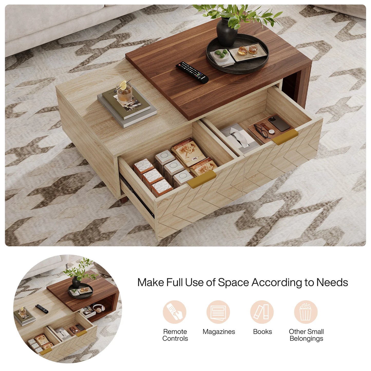 Extendable Coffee Table, Adjustable 42"-65" Length, with 2 Storage Drawers