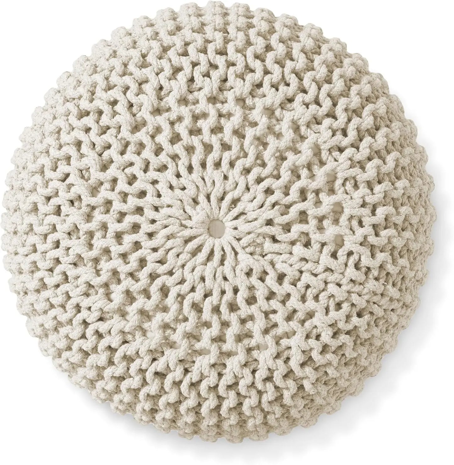 Round Pouf Ottoman, Natural Cotton Knit Foot Stool