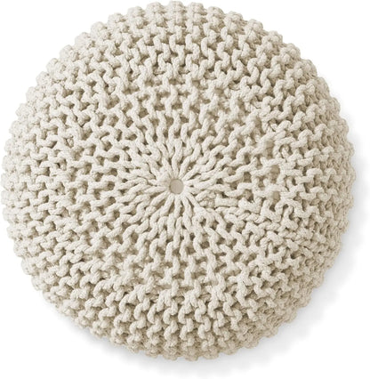 Round Pouf Ottoman, Natural Cotton Knit Foot Stool