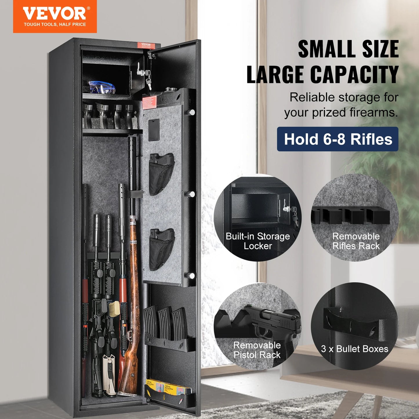 Gun Safe for 3 - 8 Firearms w/ Digital Keypad & Key Lock; Removable Storage Shelf for Long Guns and Pistols
