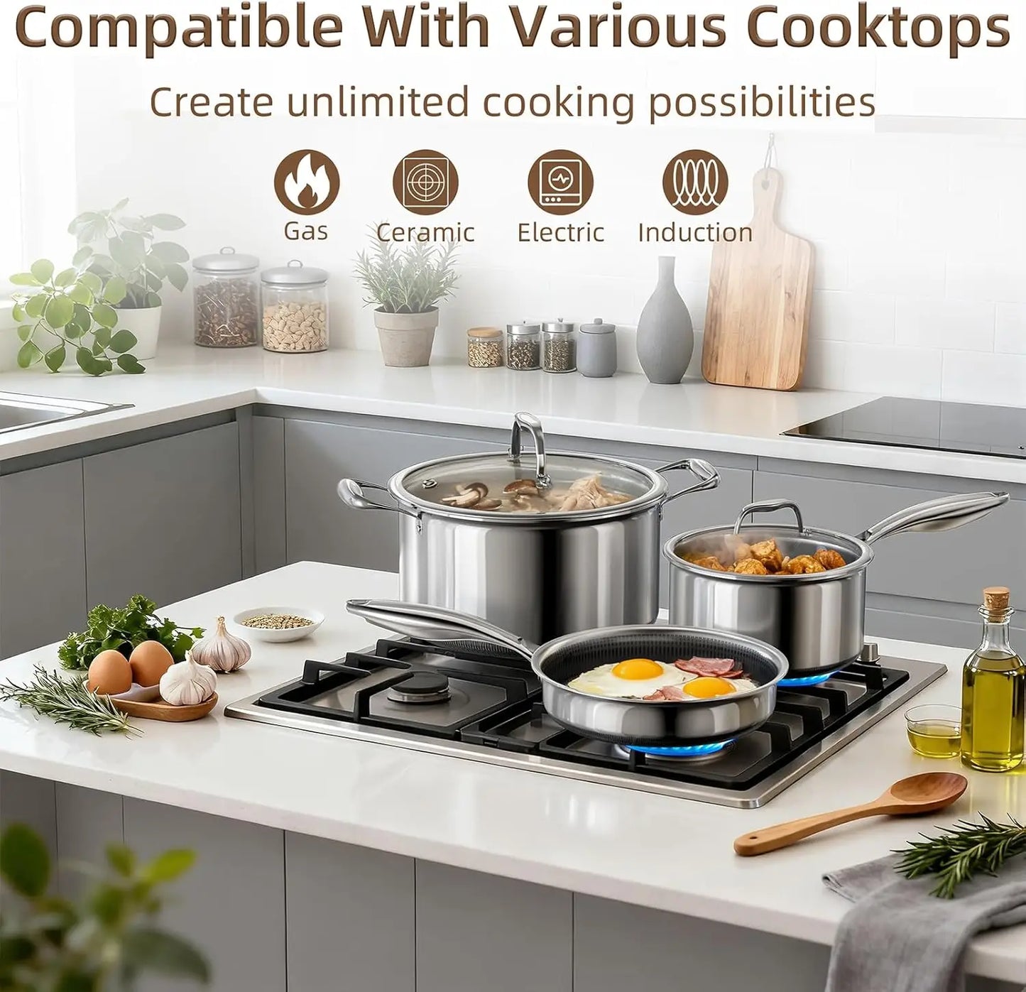 14-Piece Stainless Steel Cookware Set with Non-Stick Coating, Induction Compatible & Oven Safe