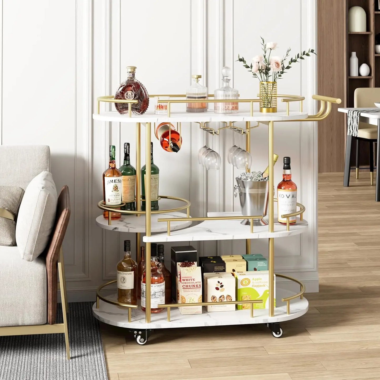 Gold Bar/Coffee Cart On Wheels with 4-Tier Storage Shelves, Wine Rack, and Glass Storage