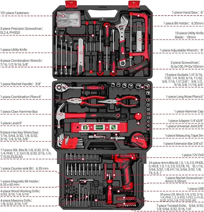 Home Mechanic Toolbox with Hand Tools Combo and 12V Power Cordless Drill Hand