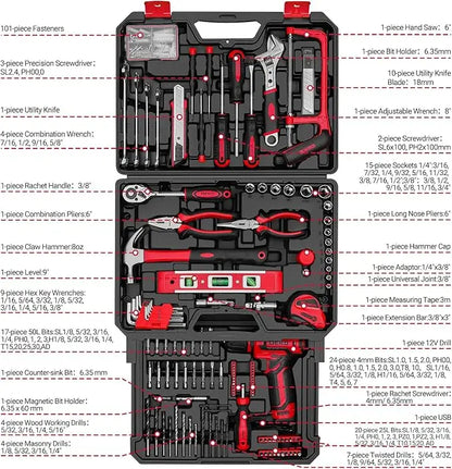 Home Mechanic Toolbox with Hand Tools Combo and 12V Power Cordless Drill Hand