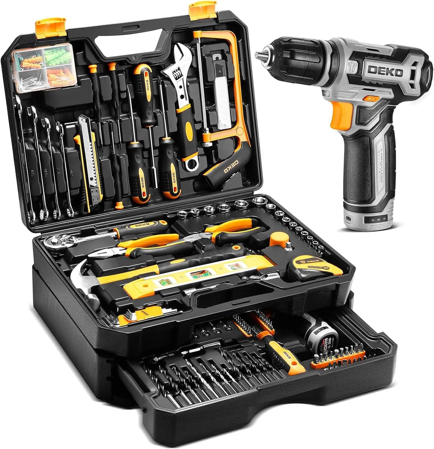 Home Mechanic Toolbox with Hand Tools Combo and 12V Power Cordless Drill Hand