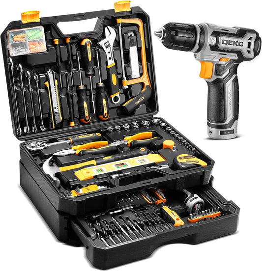 Home Mechanic Toolbox with Hand Tools Combo and 12V Power Cordless Drill Hand