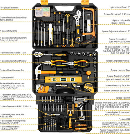 Home Mechanic Toolbox with Hand Tools Combo and 12V Power Cordless Drill Hand