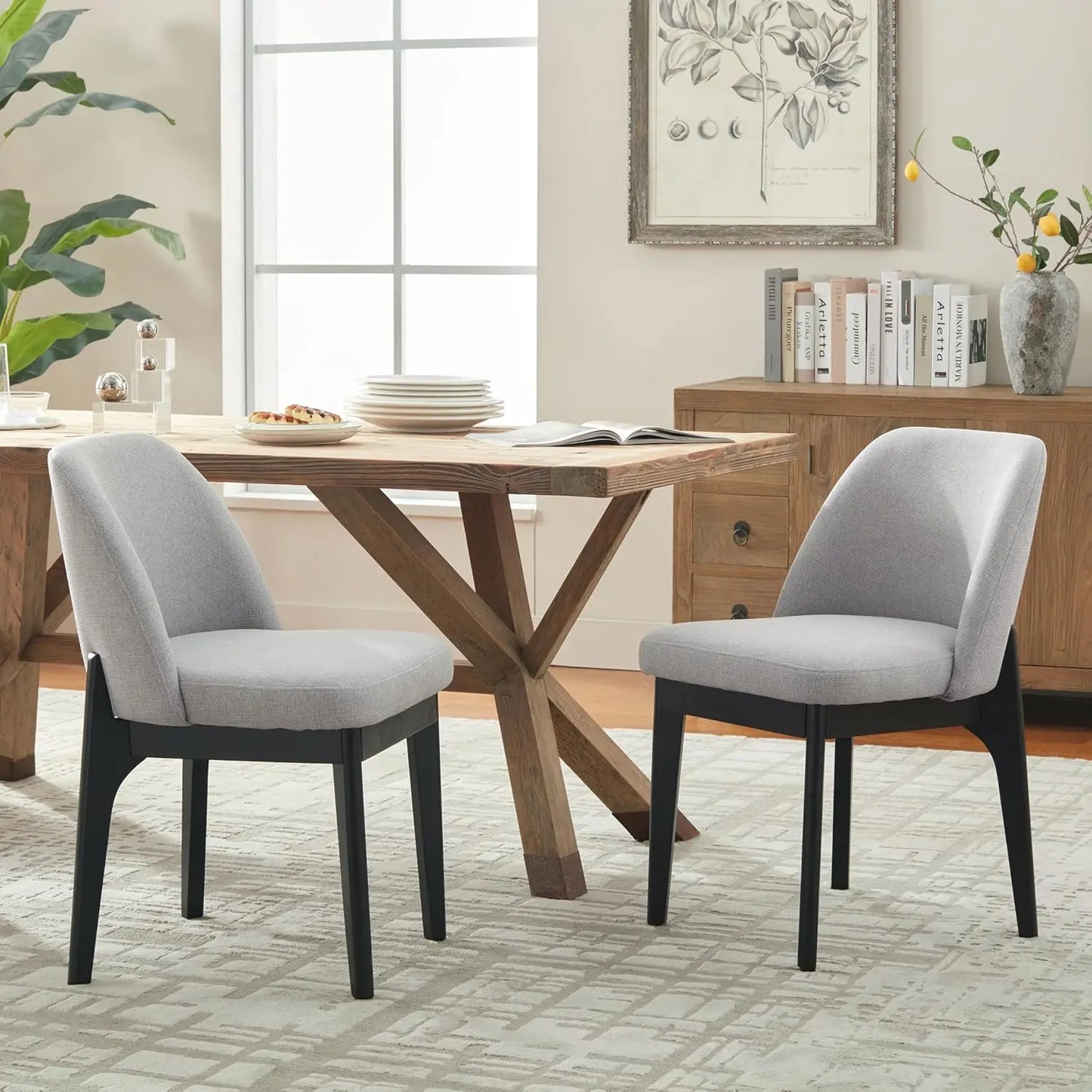 Upholstered Wooden Dining Room Chairs with Rubberwood Legs and Padded Seats, Set of 2