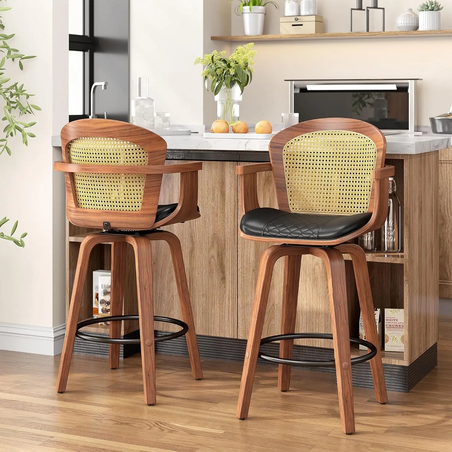Set of 2, 26 Inch Counter Height Swivel Upholstered PU Leather Bar Stools with Arms