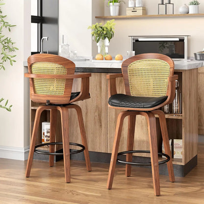 Set of 2, 26 Inch Counter Height Swivel Upholstered PU Leather Bar Stools with Arms
