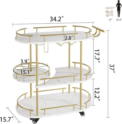Gold Bar/Coffee Cart On Wheels with 4-Tier Storage Shelves, Wine Rack, and Glass Storage