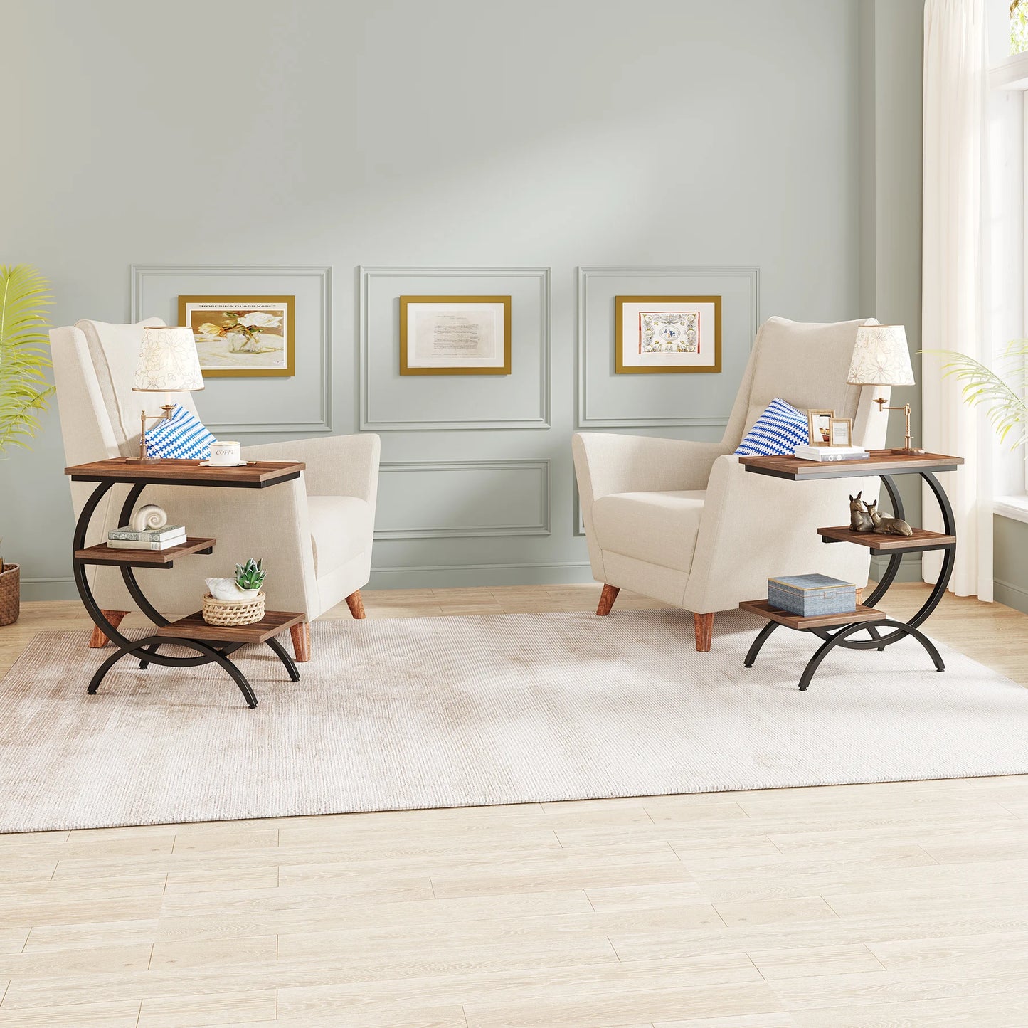 C-Shaped  3-Tier Wood End Table,