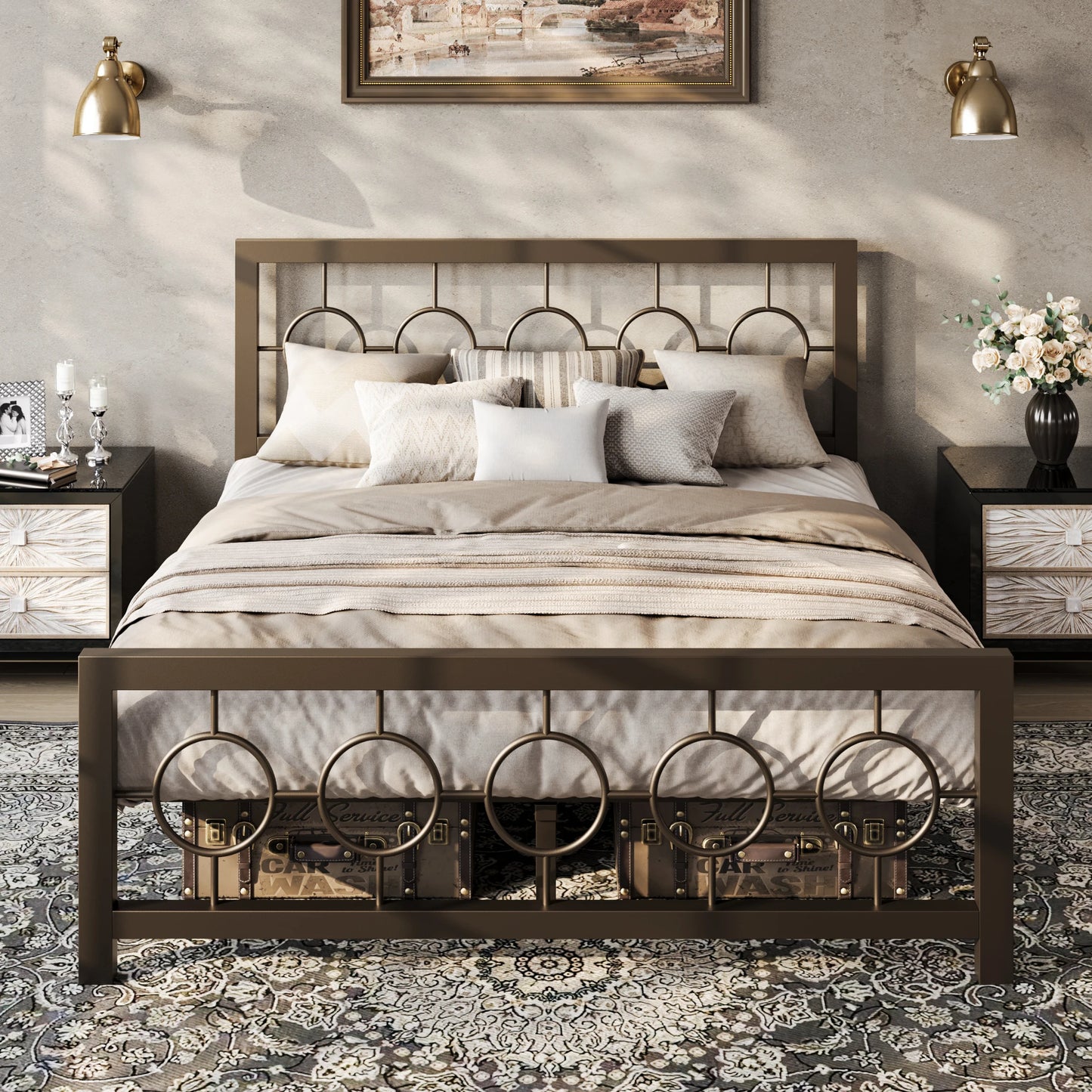 Twin/Full/Queen/King Metal Bed Frame with Vintage Circular Design Headboard and Footboard, Extra Under-Bed Storage
