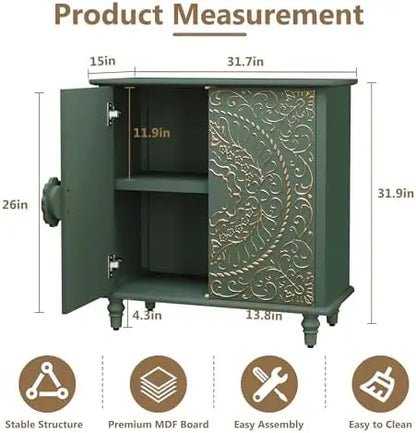 Green Vintage 2-Door Wood Credenza with Carved Flower