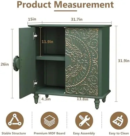 Green Vintage 2-Door Wood Credenza with Carved Flower