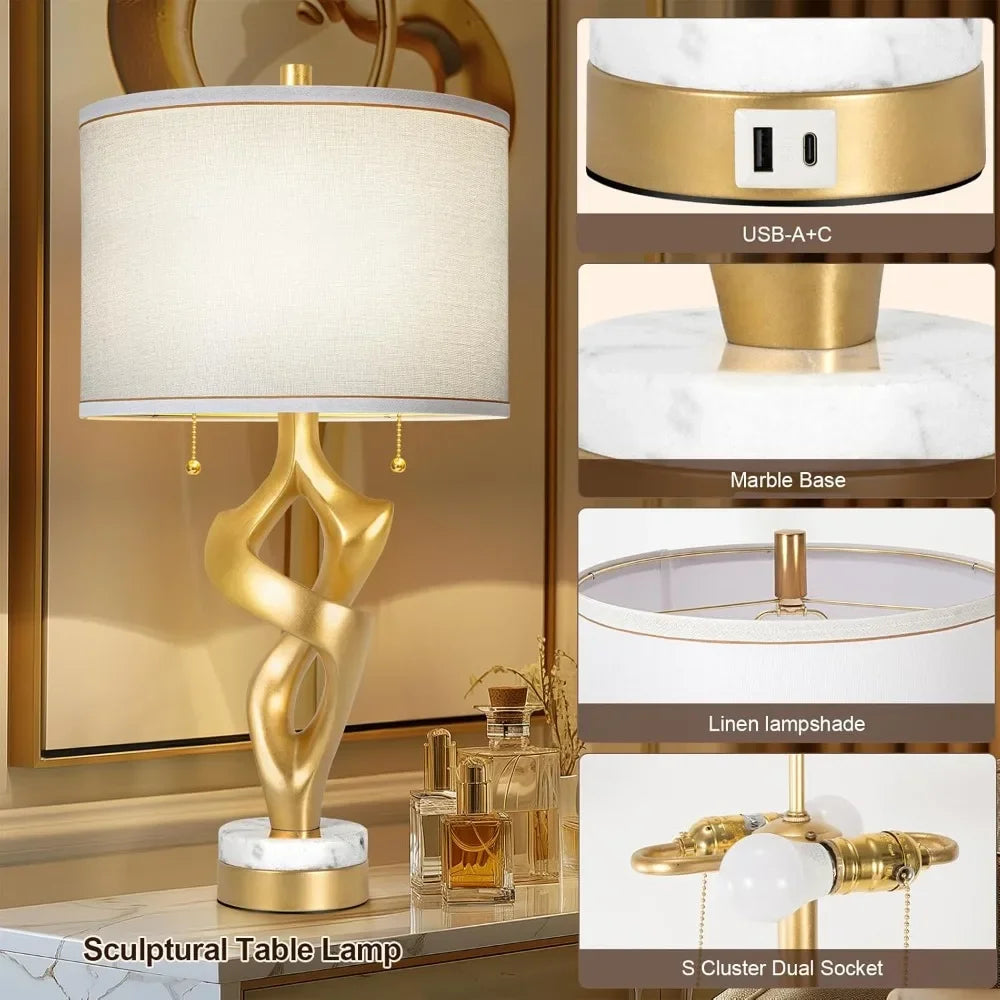 Set Of 2  Sculptural Table Lamps With Marble Base & USB Ports