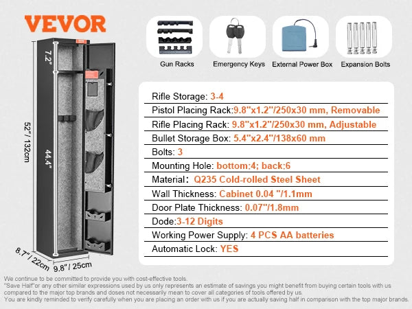 Gun Safe for 3 - 8 Firearms w/ Digital Keypad & Key Lock; Removable Storage Shelf for Long Guns and Pistols