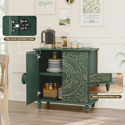 Green Vintage 2-Door Wood Credenza with Carved Flower