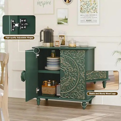 Green Vintage 2-Door Wood Credenza with Carved Flower