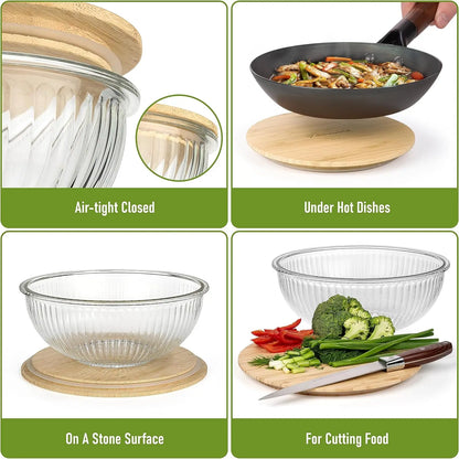 3-Piece Stackable Glass Bowl Set with Bamboo Lids - Microwave, Oven Safe, BPA Free for Food Prep & Storage