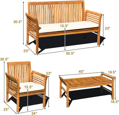 4 Piece Outdoor Acacia Wood Sofa Set with Water Resistant Cushions