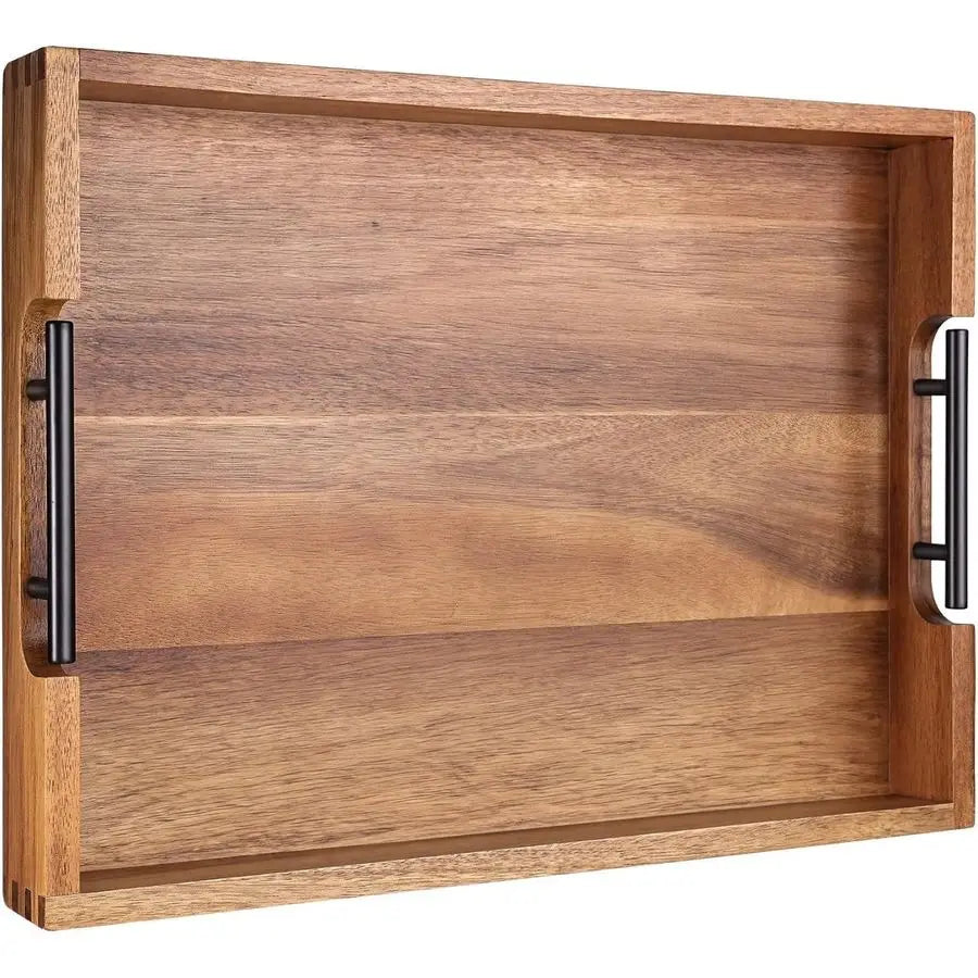 Acacia Wooden Serving Tray with Metal Handles