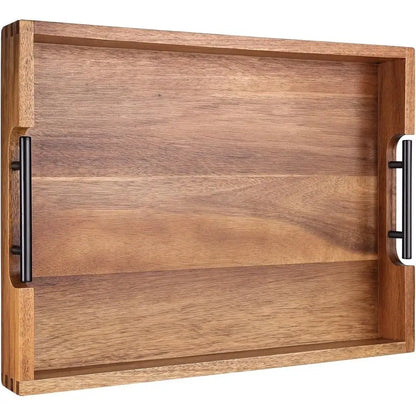Acacia Wooden Serving Tray with Metal Handles