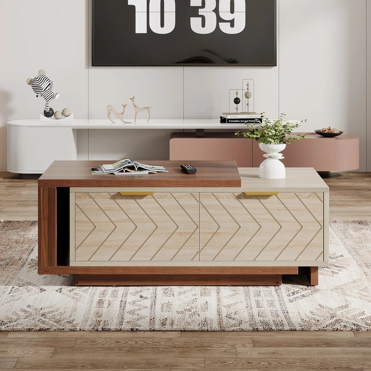 Extendable Coffee Table, Adjustable 42"-65" Length, with 2 Storage Drawers