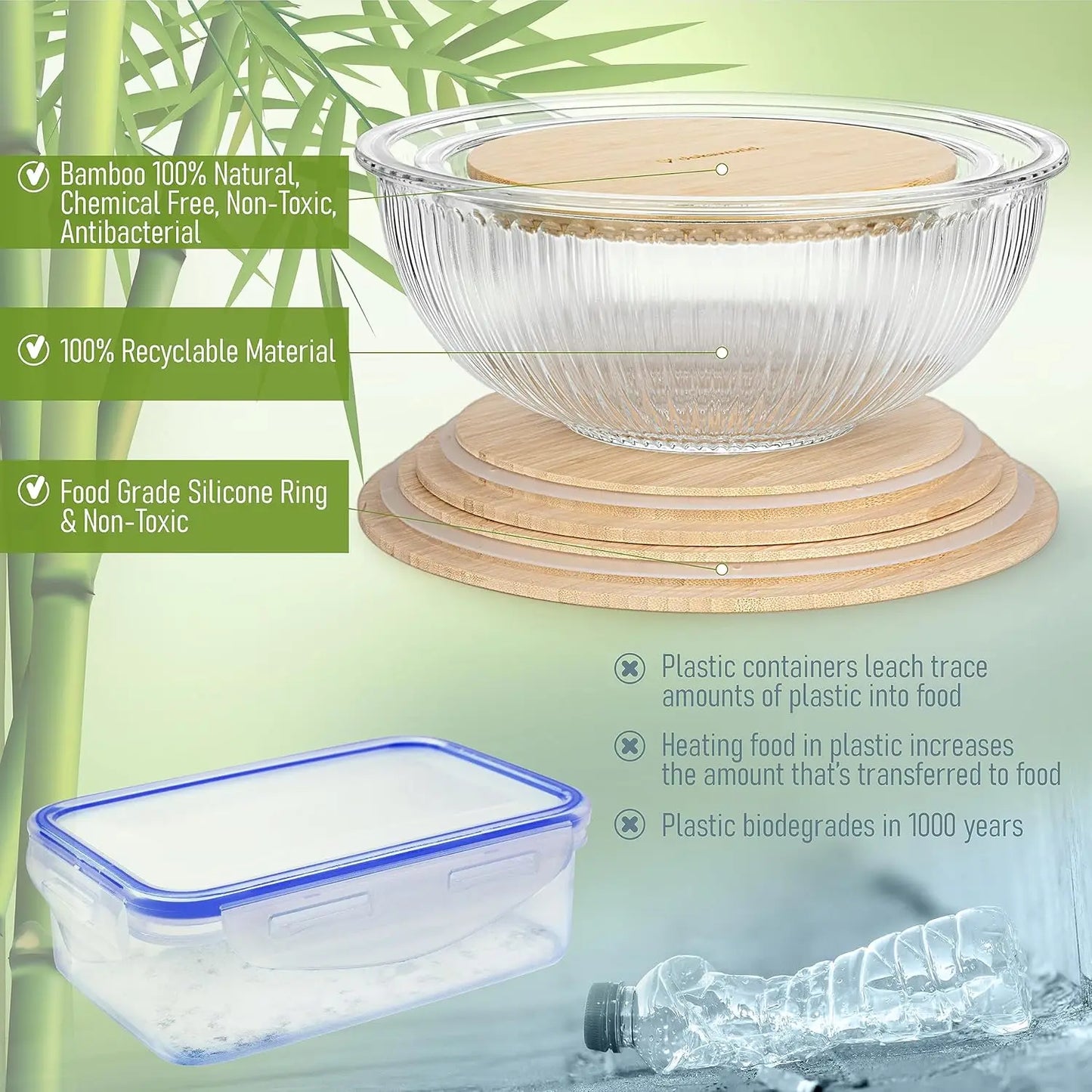 3-Piece Stackable Glass Bowl Set with Bamboo Lids - Microwave, Oven Safe, BPA Free for Food Prep & Storage