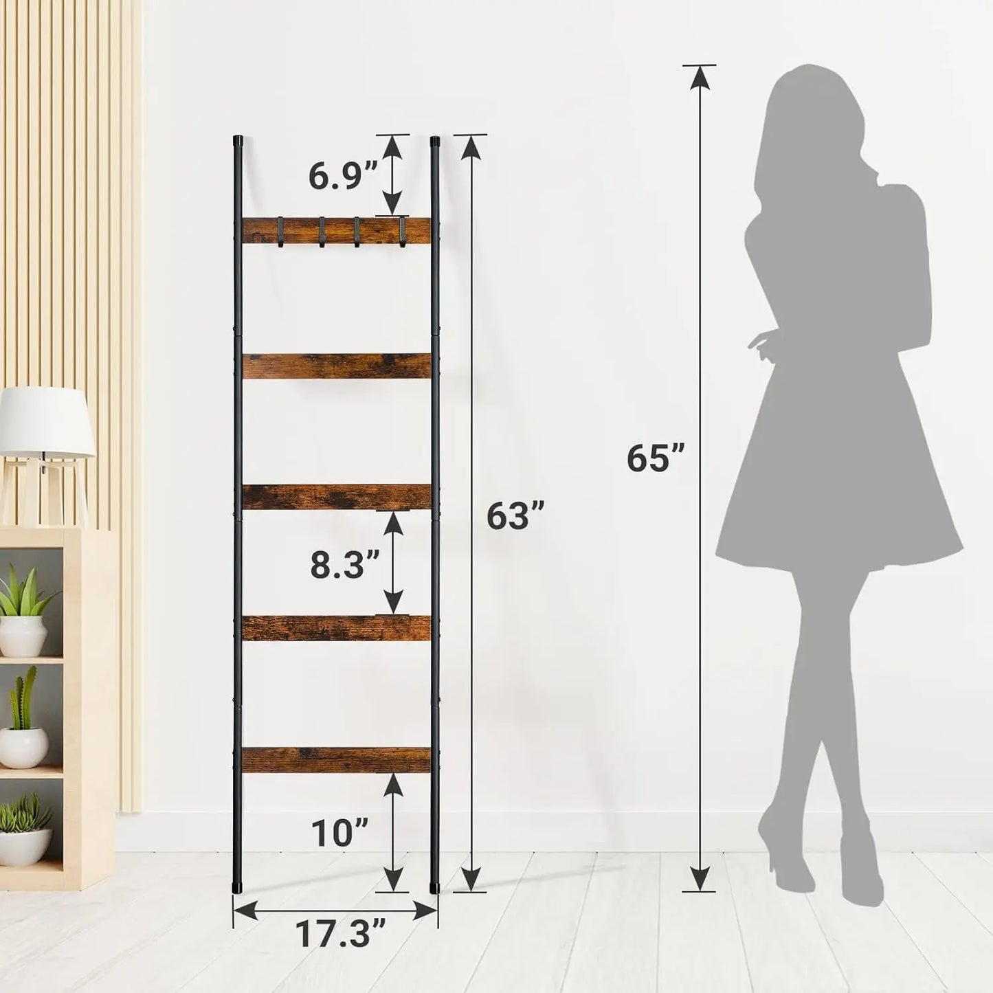 5-Tier Wooden Blanket Ladder with 4 Removable Hooks