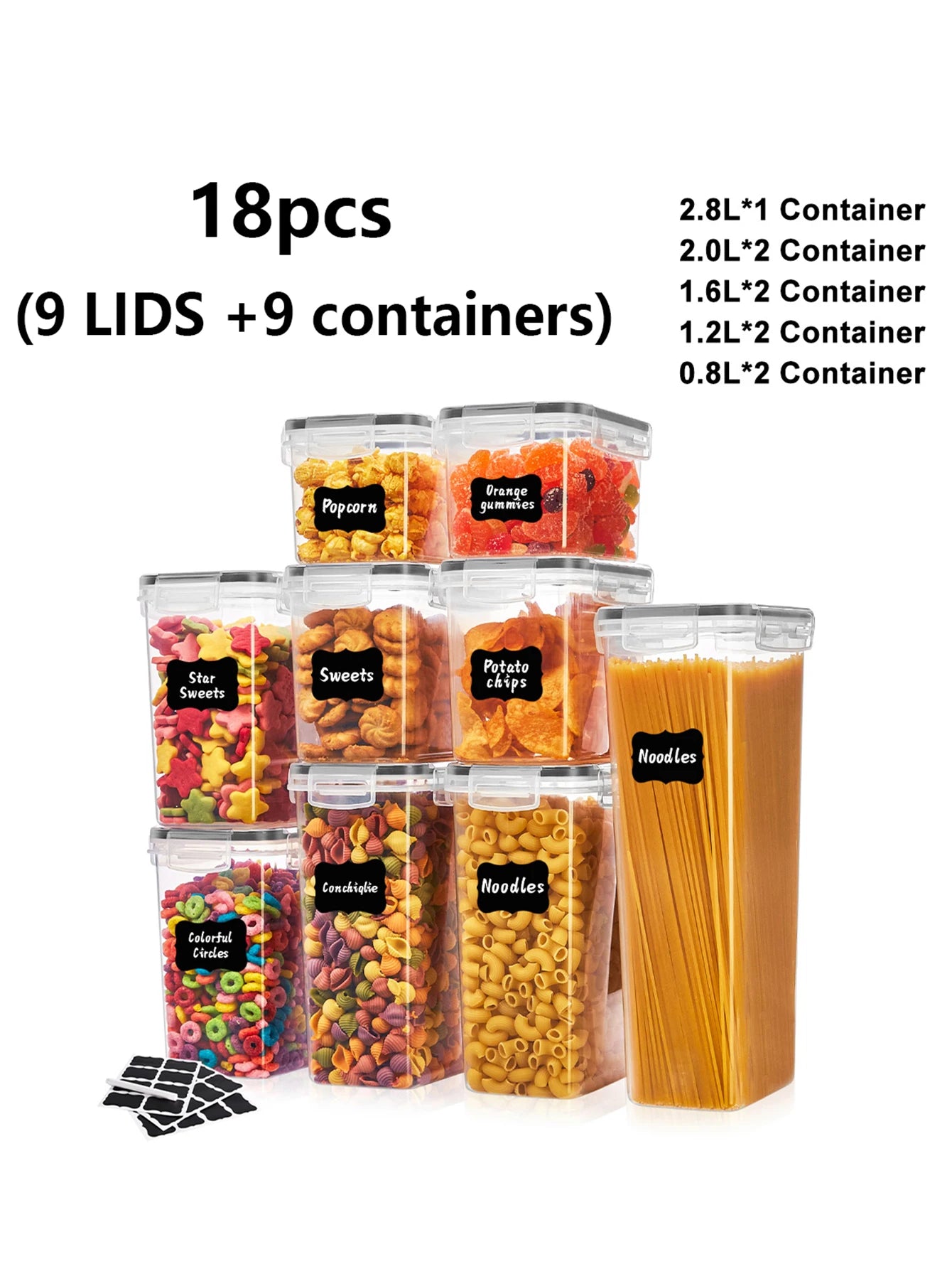 18pcs, Storage containers with airtight and watertight lids and labels