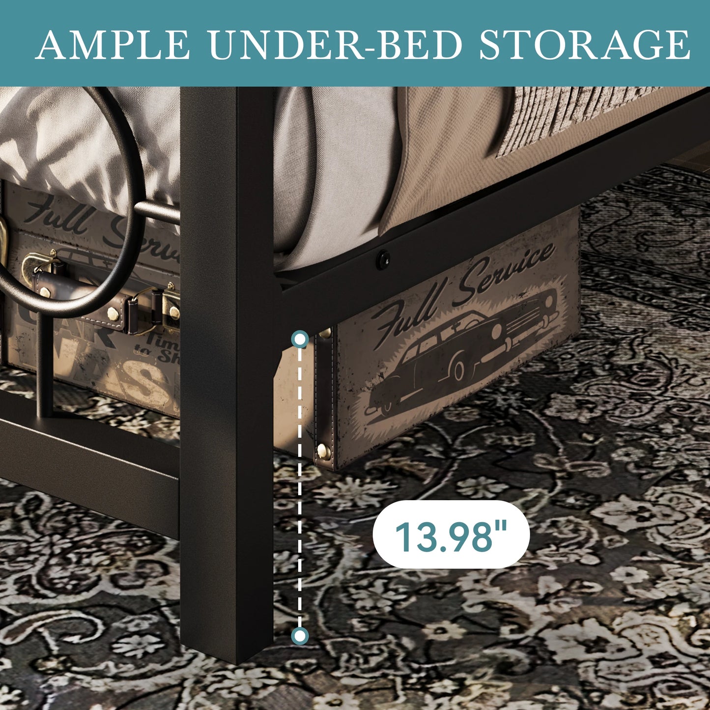 Twin/Full/Queen/King Metal Bed Frame with Vintage Circular Design Headboard and Footboard, Extra Under-Bed Storage