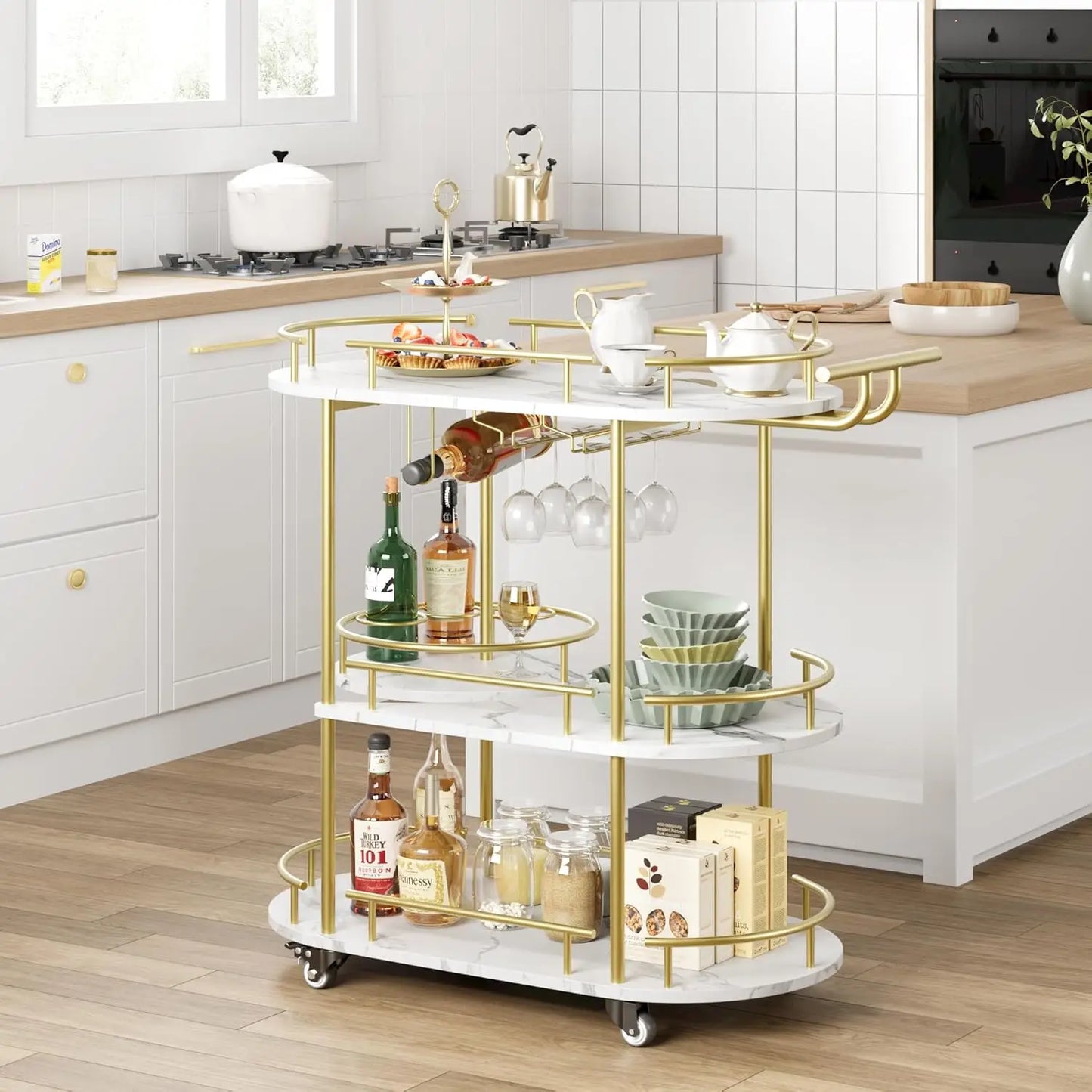 Gold Bar/Coffee Cart On Wheels with 4-Tier Storage Shelves, Wine Rack, and Glass Storage