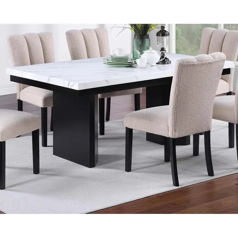 Classic Two-Tone White Faux Marble Top Dining Table with 6 Side Chairs