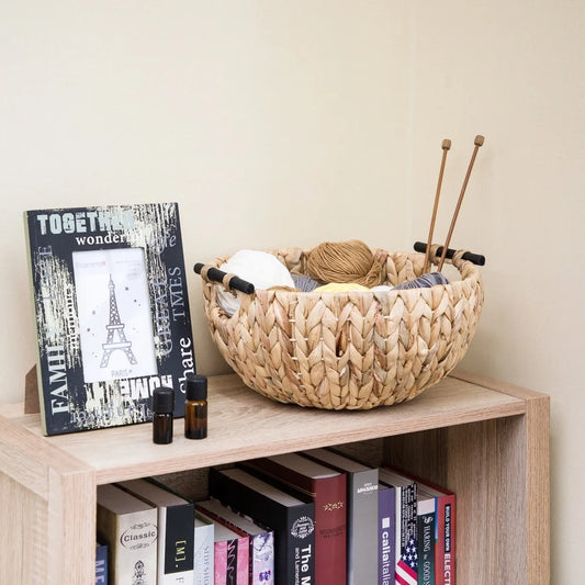 Natural Woven Water Hyacinth Decorative Bowl with Wooden Handles