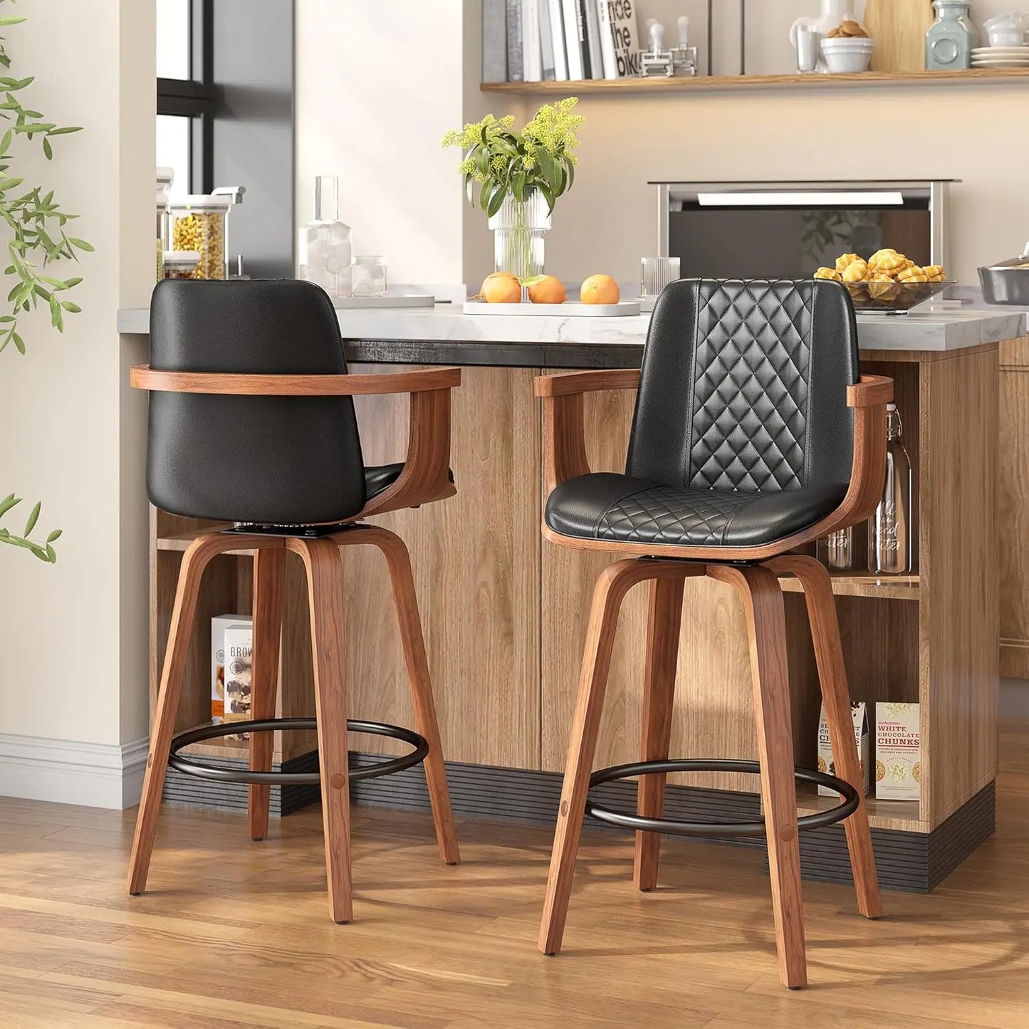 Set of 2, 26 Inch Counter Height Swivel Upholstered PU Leather Bar Stools with Arms