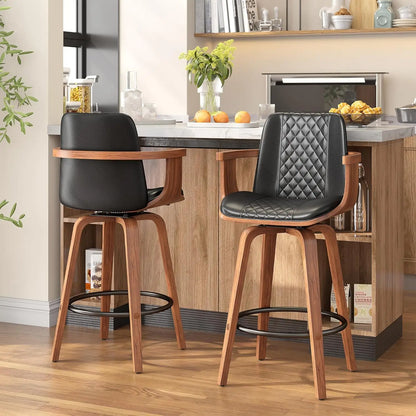 Set of 2, 26 Inch Counter Height Swivel Upholstered PU Leather Bar Stools with Arms