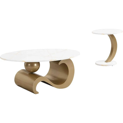 2 Piece Living Room Set, Faux Marble Tabletop, Oval Coffee and End Table Set