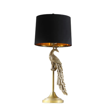 29" Modern Elegance Table Lamp, Golden Peacock On A Pedestal