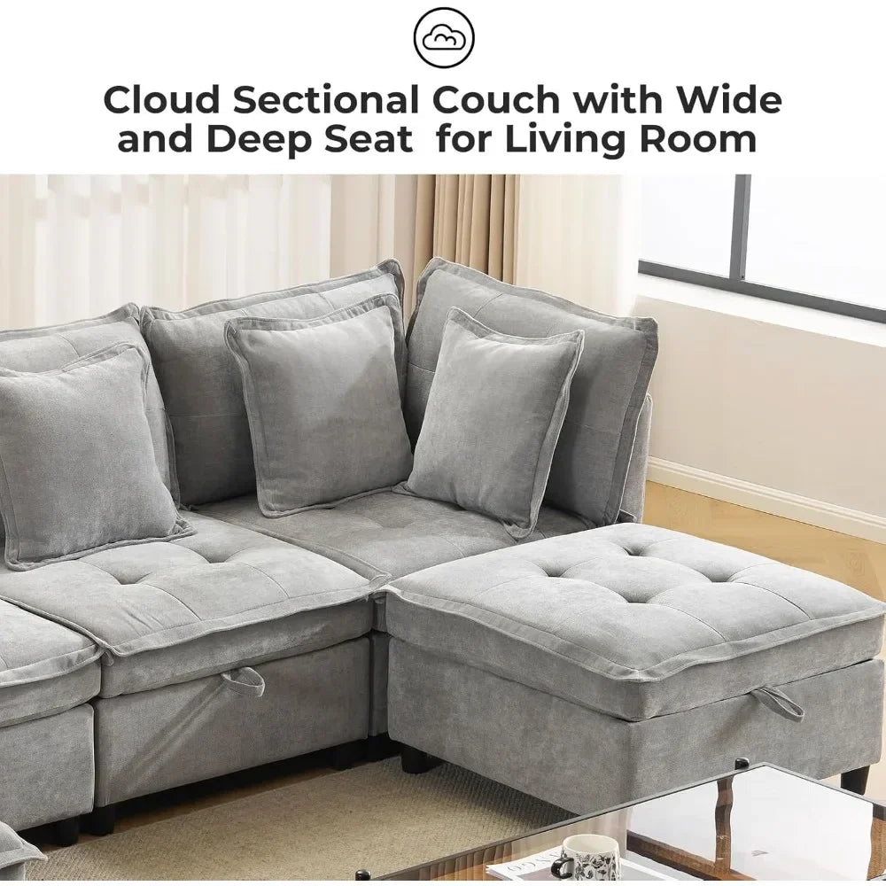 Modern Modular Sectional Cloud Sofa with 2 Ottoman with Customized Storage - Color Options