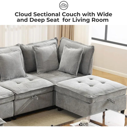Modern Modular Sectional Cloud Sofa with 2 Ottoman with Customized Storage - Color Options